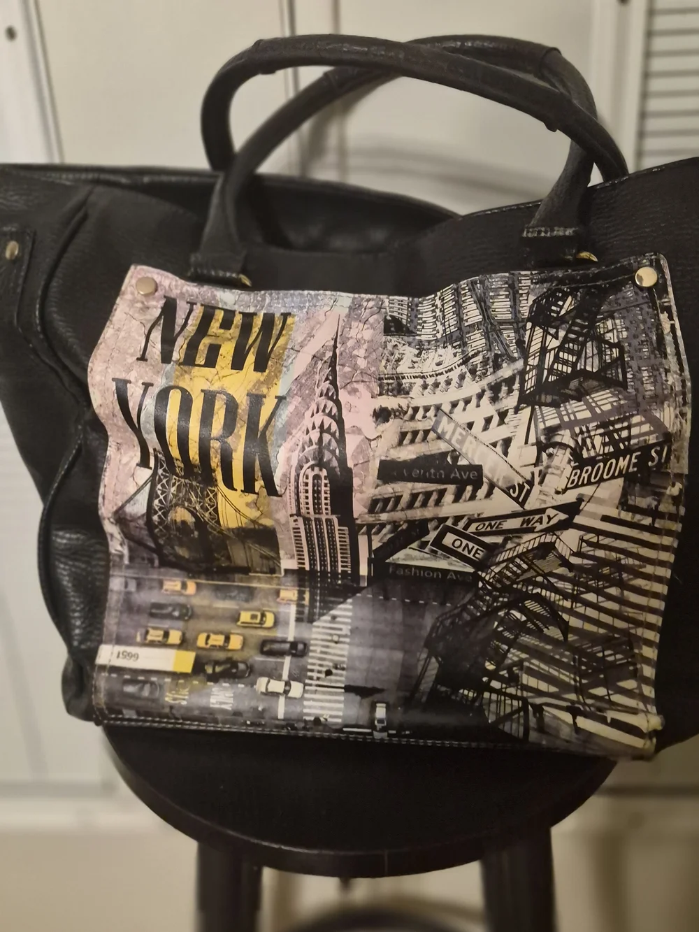 Aldo Black Shoulder Bag with Yellow & Cream New York Print